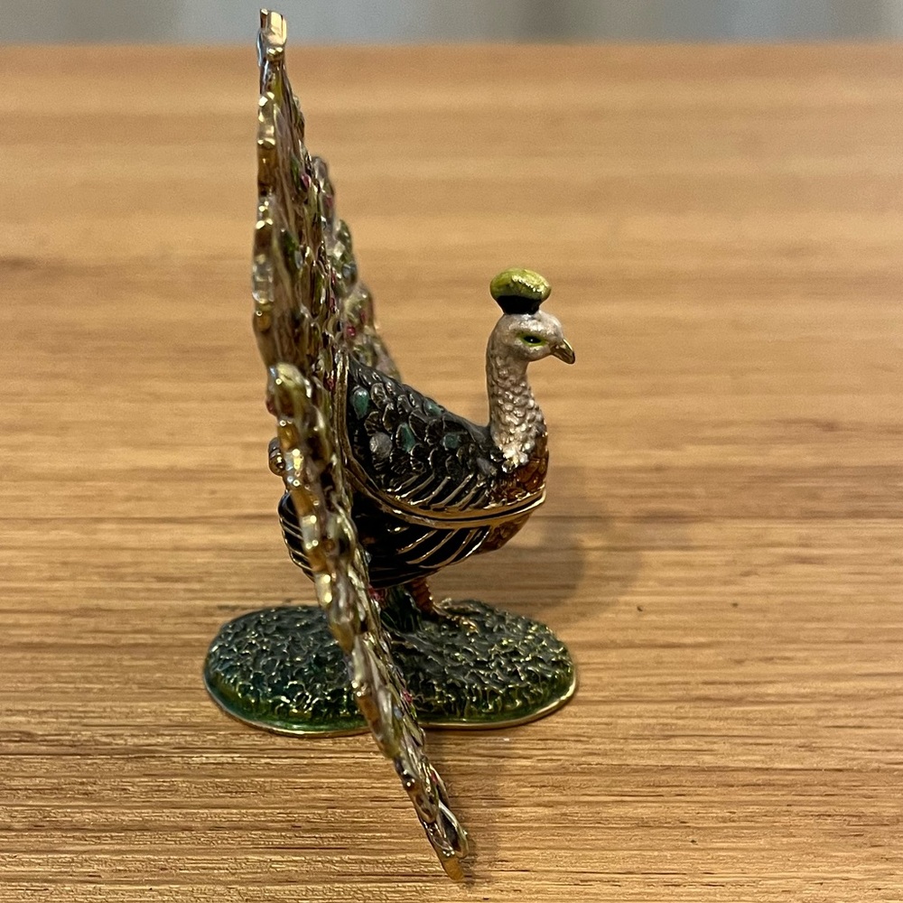 Painted Pewter Bejeweled Peacock Trinket Box  3.5” W 4”H - Picture 4 of 5